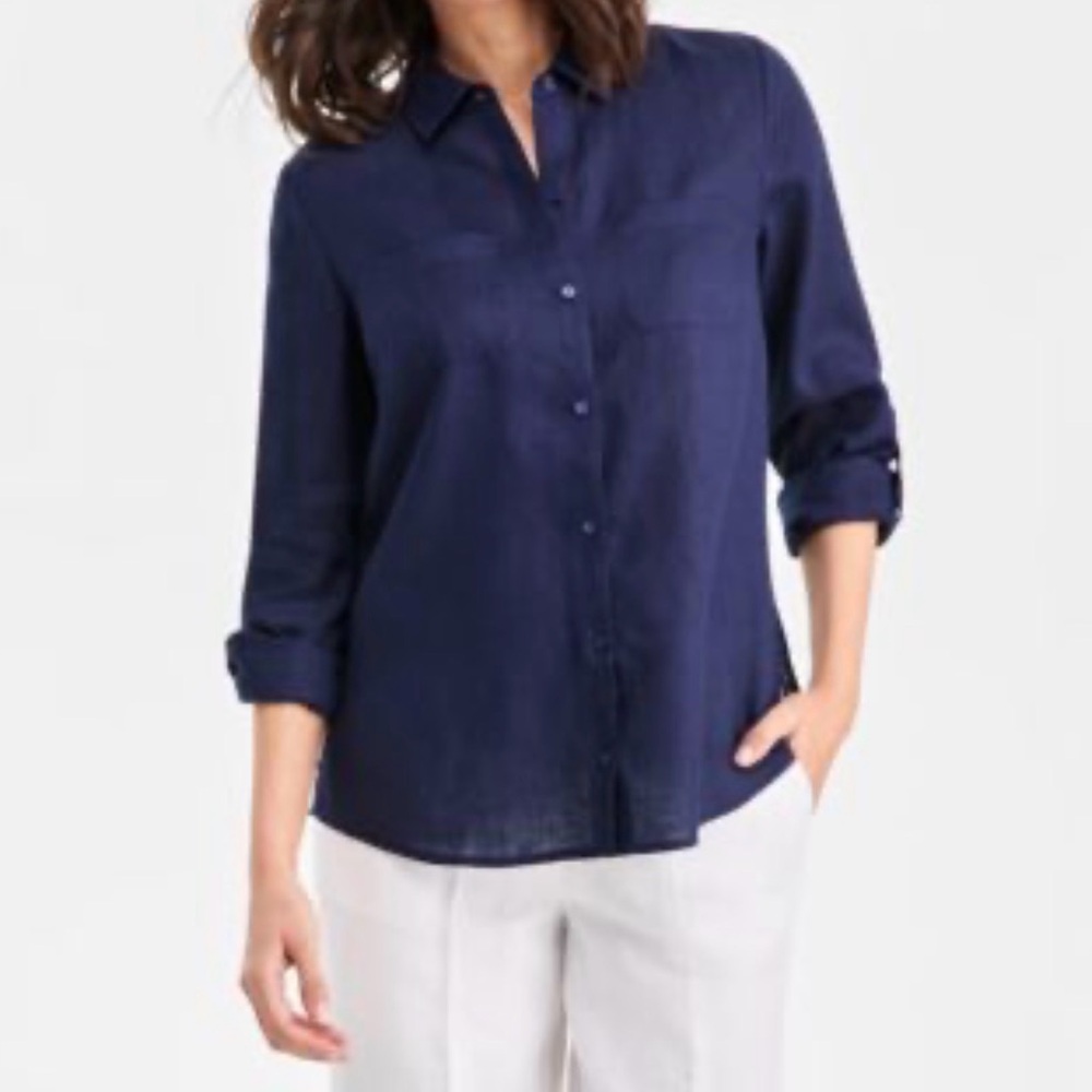 Charter Club Linen Luxury Medium Button Up Shirt Blue Roll Tab Sleeve 100% Linen